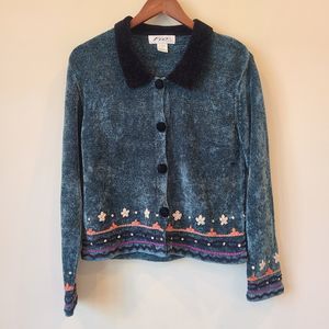 Vintage Fio USA Womens Chenille Cardigan Sweater Small Teal Floral Embroidered